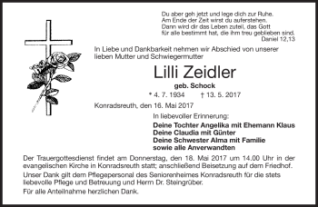 Traueranzeige von Lilli Zeitler von Frankenpost