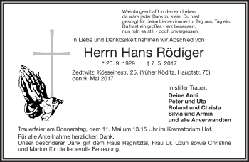 Traueranzeige von Hans Rödiger von Frankenpost