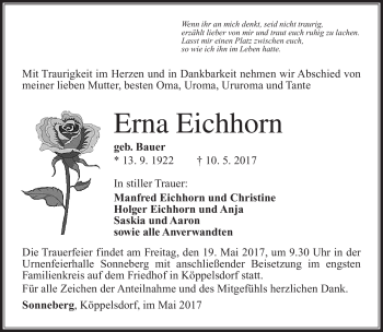 Traueranzeige von Erna Eichhorn von Südthüringer Presse
