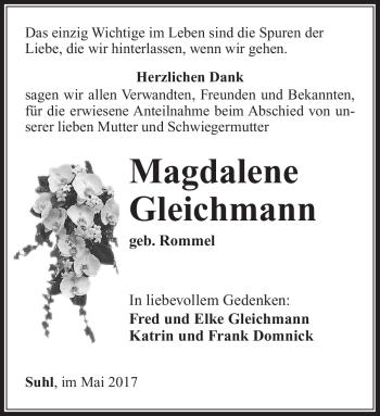 Traueranzeige von Magdalene Gleichmann von Südthüringer Presse