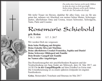 Traueranzeige von Rosemarie Schiebold von Südthüringer Presse
