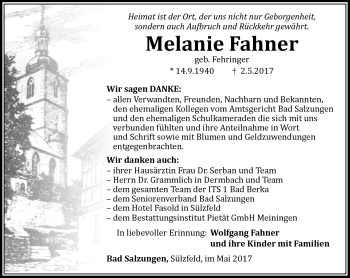 Traueranzeige von Melanie Fahner von Südthüringer Presse