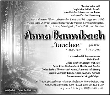 Traueranzeige von Anna Baumbach von Südthüringer Presse