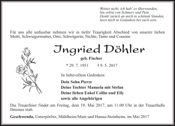 Traueranzeige von Ingried Döhler von Südthüringer Presse