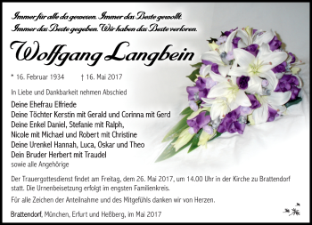 Traueranzeige von Wolfgang Langbein von Südthüringer Presse