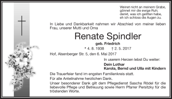 Traueranzeige von Renate Spindler von Frankenpost