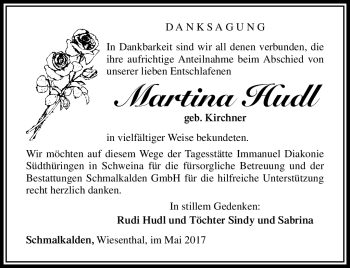 Traueranzeige von Martina Hudl von Südthüringer Presse
