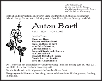 Traueranzeige von Anton Bartl von Südthüringer Presse