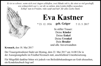 Traueranzeige von Eva Kastner von Neue Presse Coburg