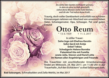 Traueranzeige von Otto Reum von Südthüringer Presse