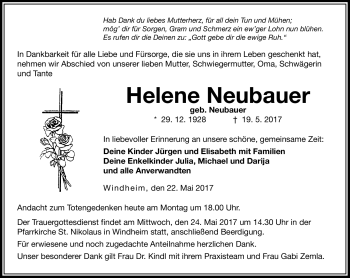 Traueranzeige von Helene Neubauer von Neue Presse Coburg