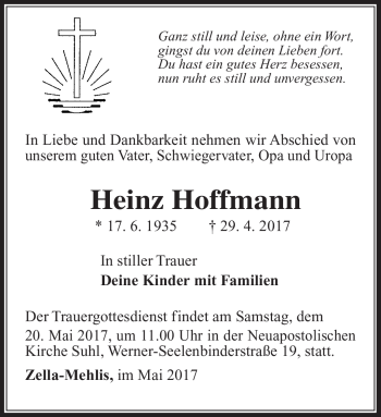 Traueranzeige von Heinz Hoffmann von Südthüringer Presse