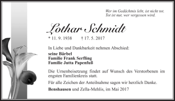 Traueranzeige von Lothar Schmidt von Südthüringer Presse