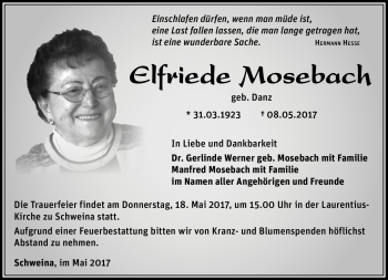 Traueranzeige von Elfriede Mosebach von Südthüringer Presse
