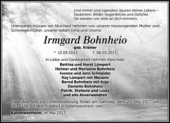 Traueranzeige von Irmgard Bohnheio von Südthüringer Presse