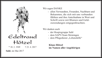 Traueranzeige von Edeltraud Hötzel von Südthüringer Presse