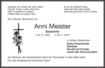 Traueranzeige von Anni Meister von Frankenpost