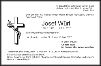 Traueranzeige von Josef Würl von Frankenpost