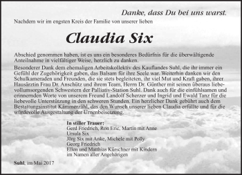 Traueranzeige von Claudia Six von Südthüringer Presse