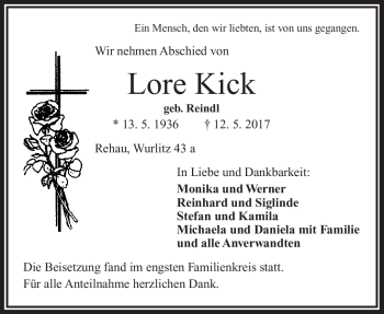 Traueranzeige von Lore Kick von Frankenpost