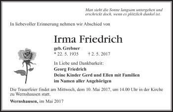 Traueranzeige von Irma Friedrich von Südthüringer Presse