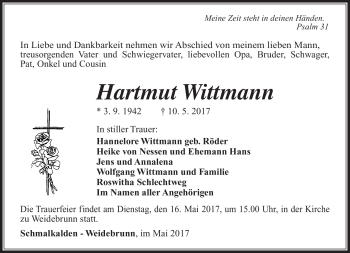 Traueranzeige von Hartmut Wittmann von Südthüringer Presse
