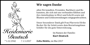 Traueranzeige von Heidemarie Deutsch von Südthüringer Presse