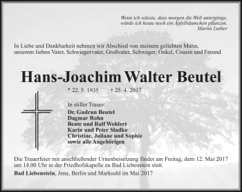 Traueranzeige von Hans-Joachim Walter Beutel von Südthüringer Presse