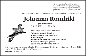 Traueranzeige von Johanna Römhild von Südthüringer Presse