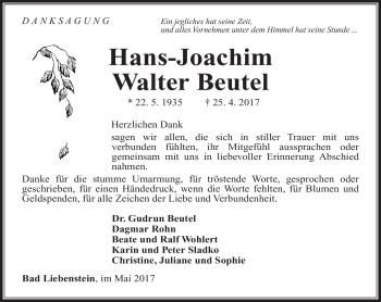 Traueranzeige von Hans-Joachim Walter Beutel von Südthüringer Presse