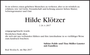 Traueranzeige von Hilde Klötzer von Neue Presse Coburg