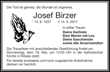 Traueranzeige von Josef Birzer von Frankenpost