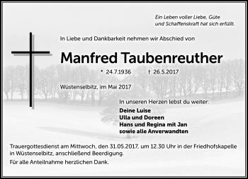 Traueranzeige von Manfred Taubenreuther von Frankenpost