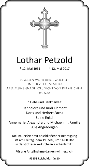 Traueranzeige von Lothar Petzold von Frankenpost