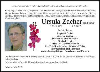 Traueranzeige von Ursula Zacher von Südthüringer Presse