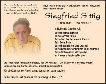 Traueranzeige von Siegfried Sittig von Südthüringer Presse
