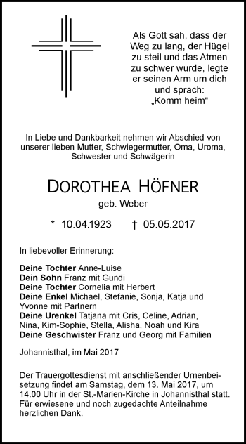 Traueranzeige von Dorothea Höfner von Neue Presse Coburg