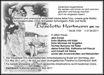 Traueranzeige von Lieselotte Hartmann von Südthüringer Presse