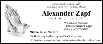 Traueranzeige von Alexander Zapf von Neue Presse Coburg