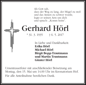 Traueranzeige von Gerhard Hörl von Frankenpost