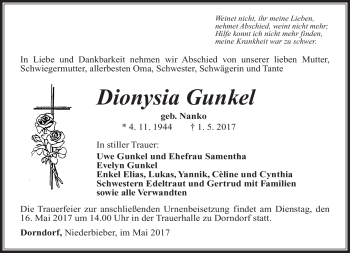 Traueranzeige von Dionysia Gunkel von Südthüringer Presse
