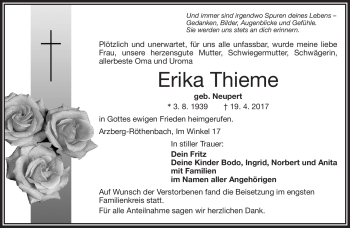 Traueranzeige von Erika Thieme von Frankenpost