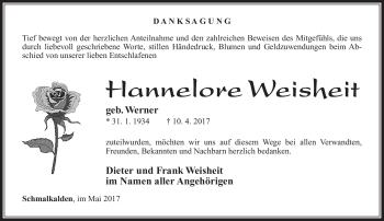 Traueranzeige von Hannelore Weisheit von Südthüringer Presse