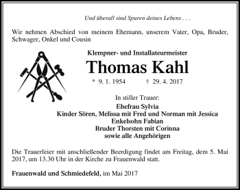 Traueranzeige von Thomas Kahl von Südthüringer Presse