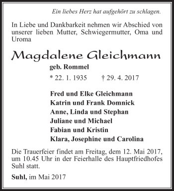 Traueranzeige von Magdalene Gleichmann von Südthüringer Presse
