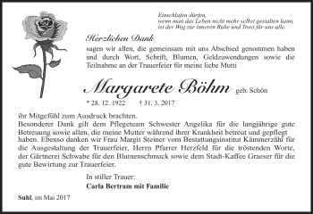 Traueranzeige von Margarete Böhm von Südthüringer Presse