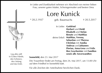 Traueranzeige von Lore Kunick von Neue Presse Coburg