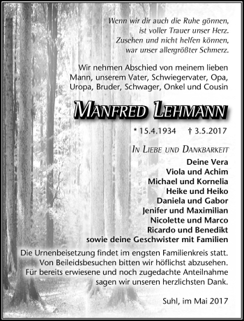 Traueranzeige von Manfred Lehmann von Südthüringer Presse