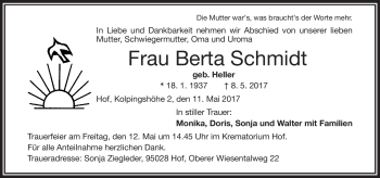 Traueranzeige von Berta Schmidt von Frankenpost