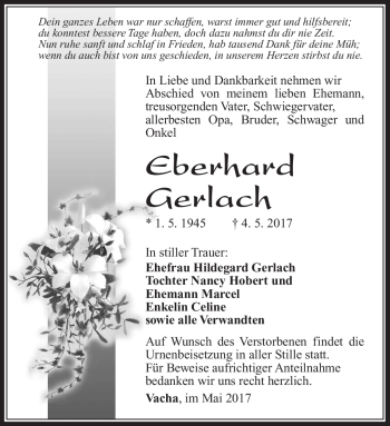 Traueranzeige von Eberhard Gerlach von Südthüringer Presse